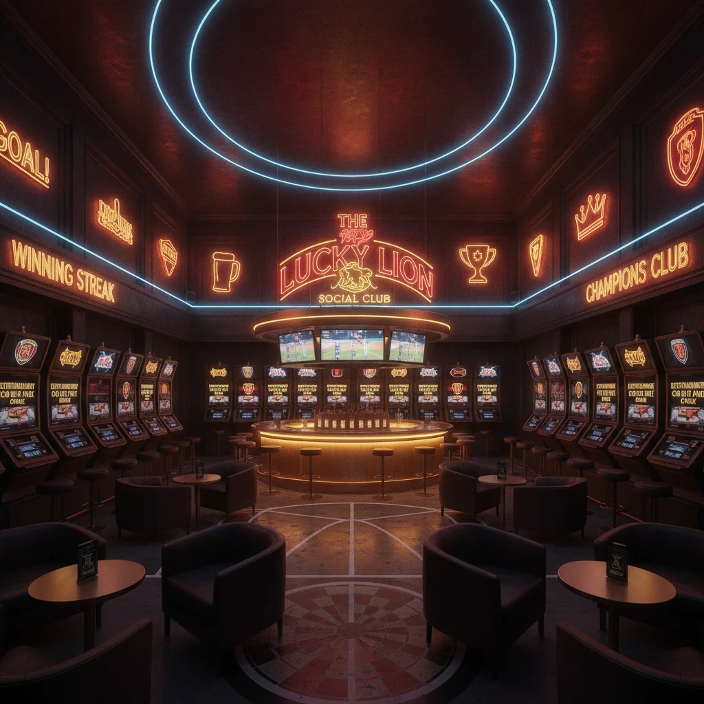 Social casino lounge with sports-themed arcade games