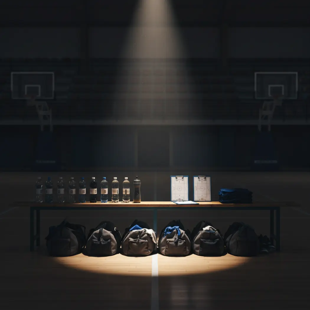 Amateur team captains organizing gear on a dark court sideline