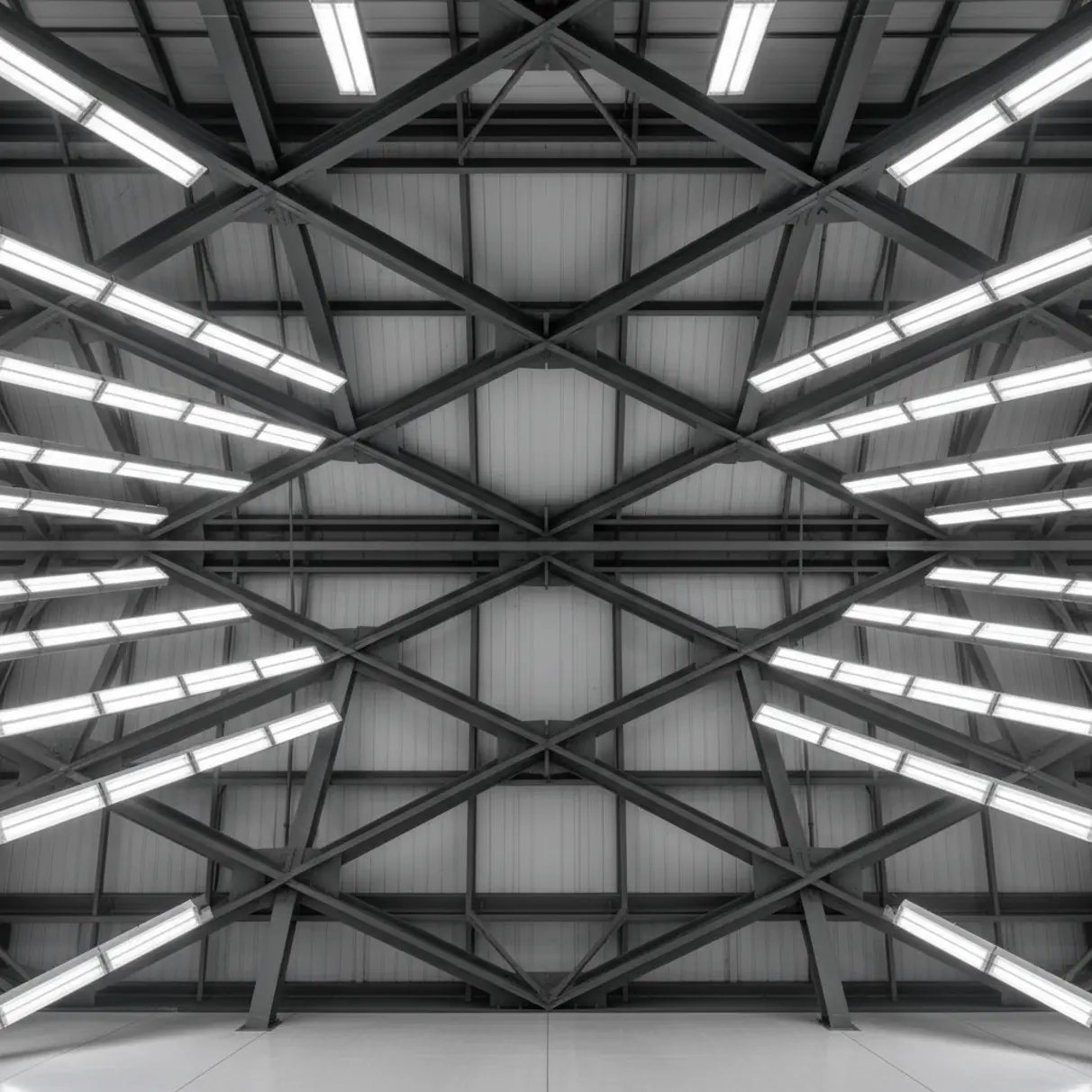 Industrial LED lighting rig in a sports venue ceiling