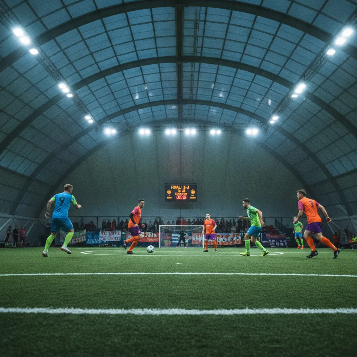 Amateur 5-a-side football tournament final inside an indoor dome