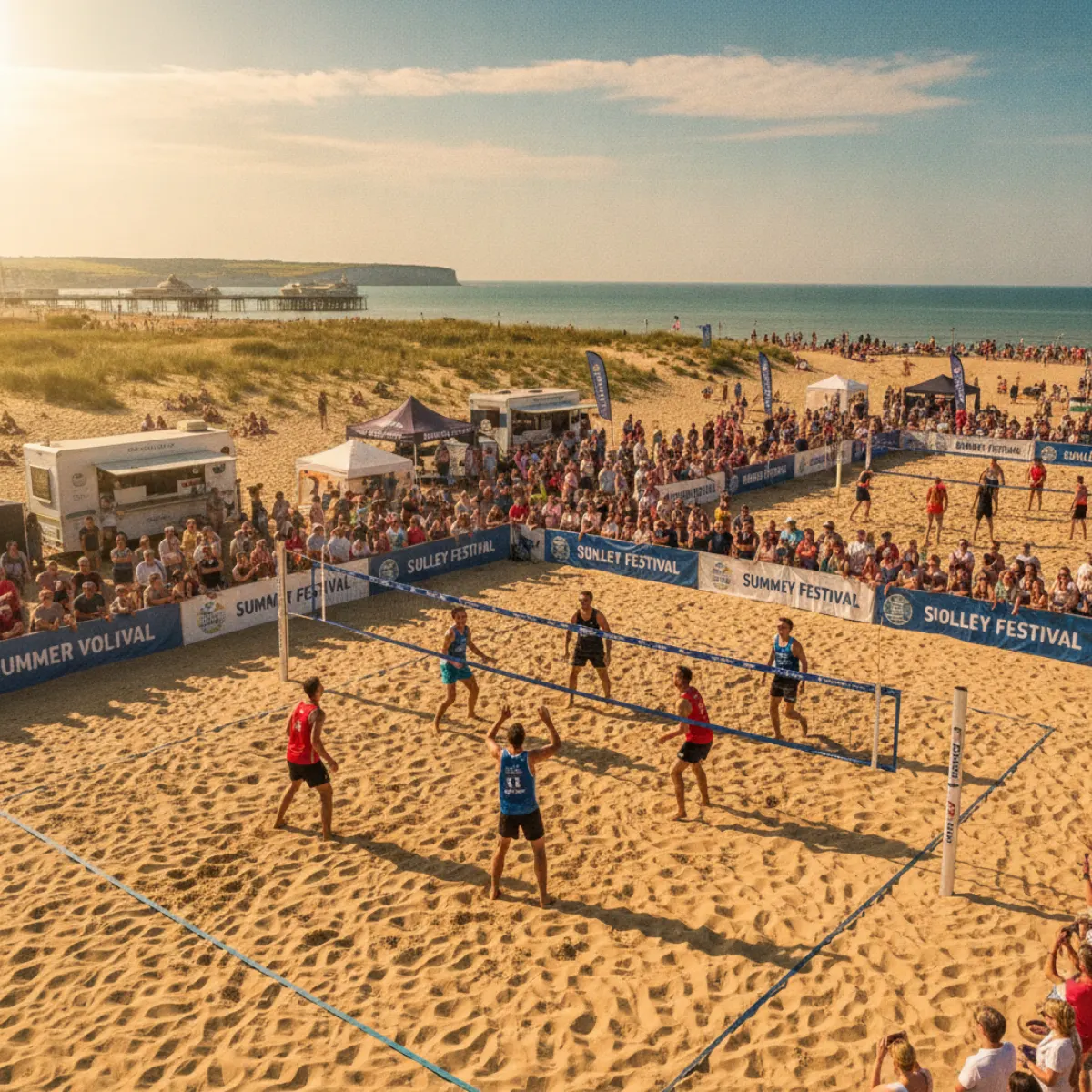 Beach volleyball tournament on coastal courts